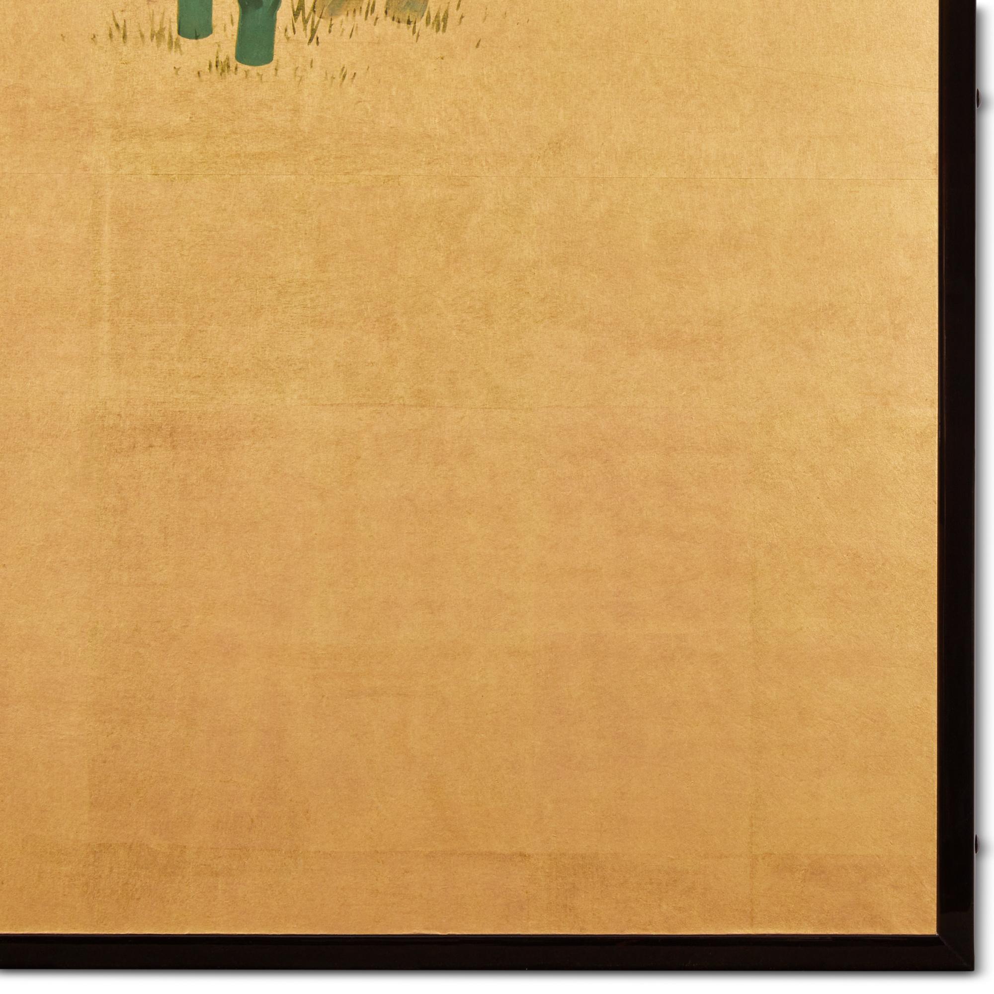 Japanese Two Panel Screen: Young Bamboo on Gold For Sale 2