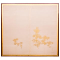 Japanese Two Panel Screen Young Pine