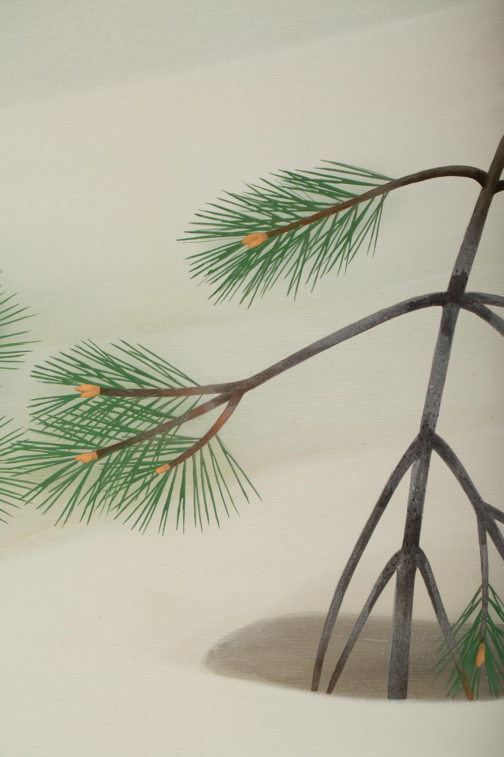 Japanese Two-Panel Screen, Young Pine in Snow For Sale 4