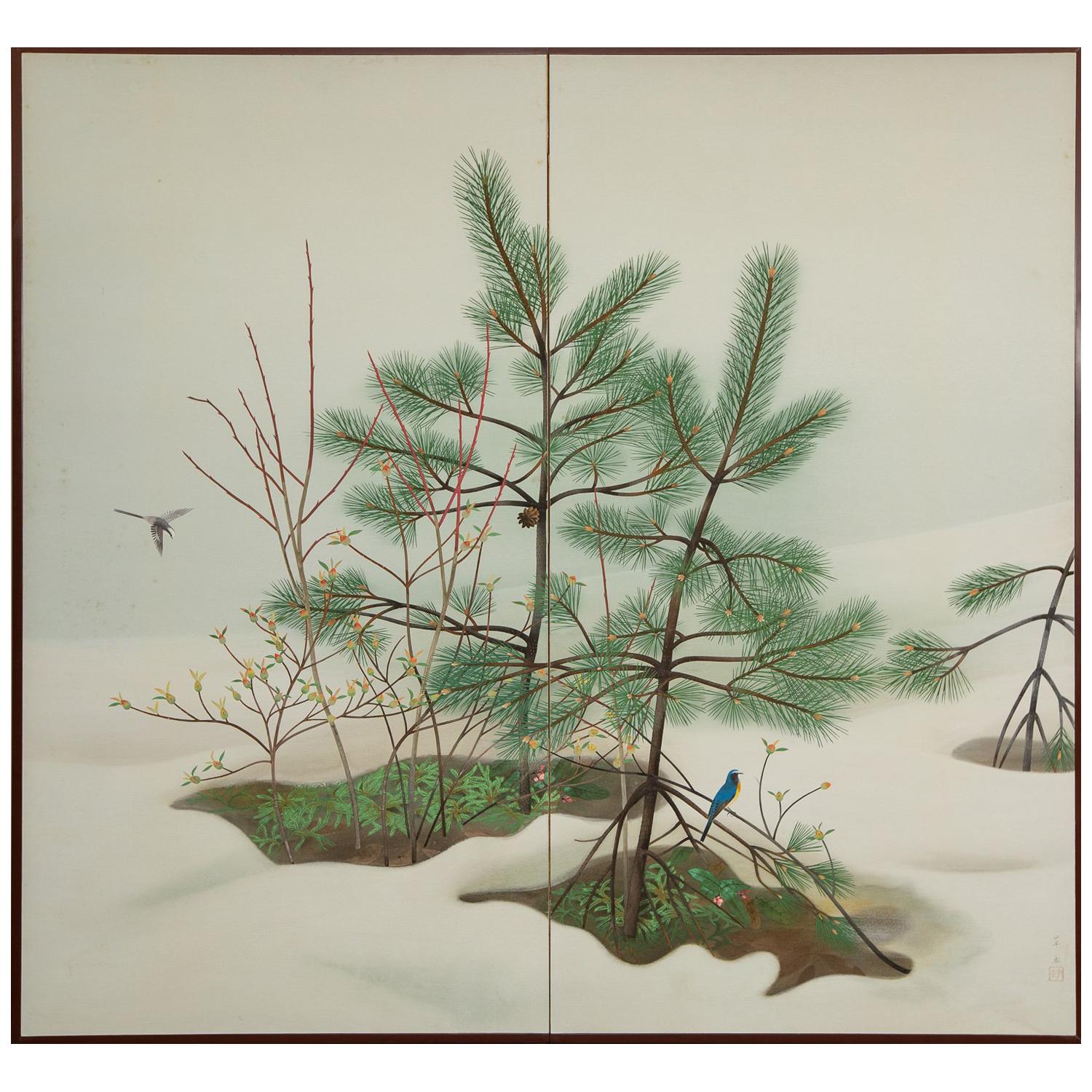 Japanese Two-Panel Screen, Young Pine in Snow For Sale