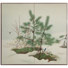 Vintage Japanese Two-Panel Screen, Young Pine in Snow