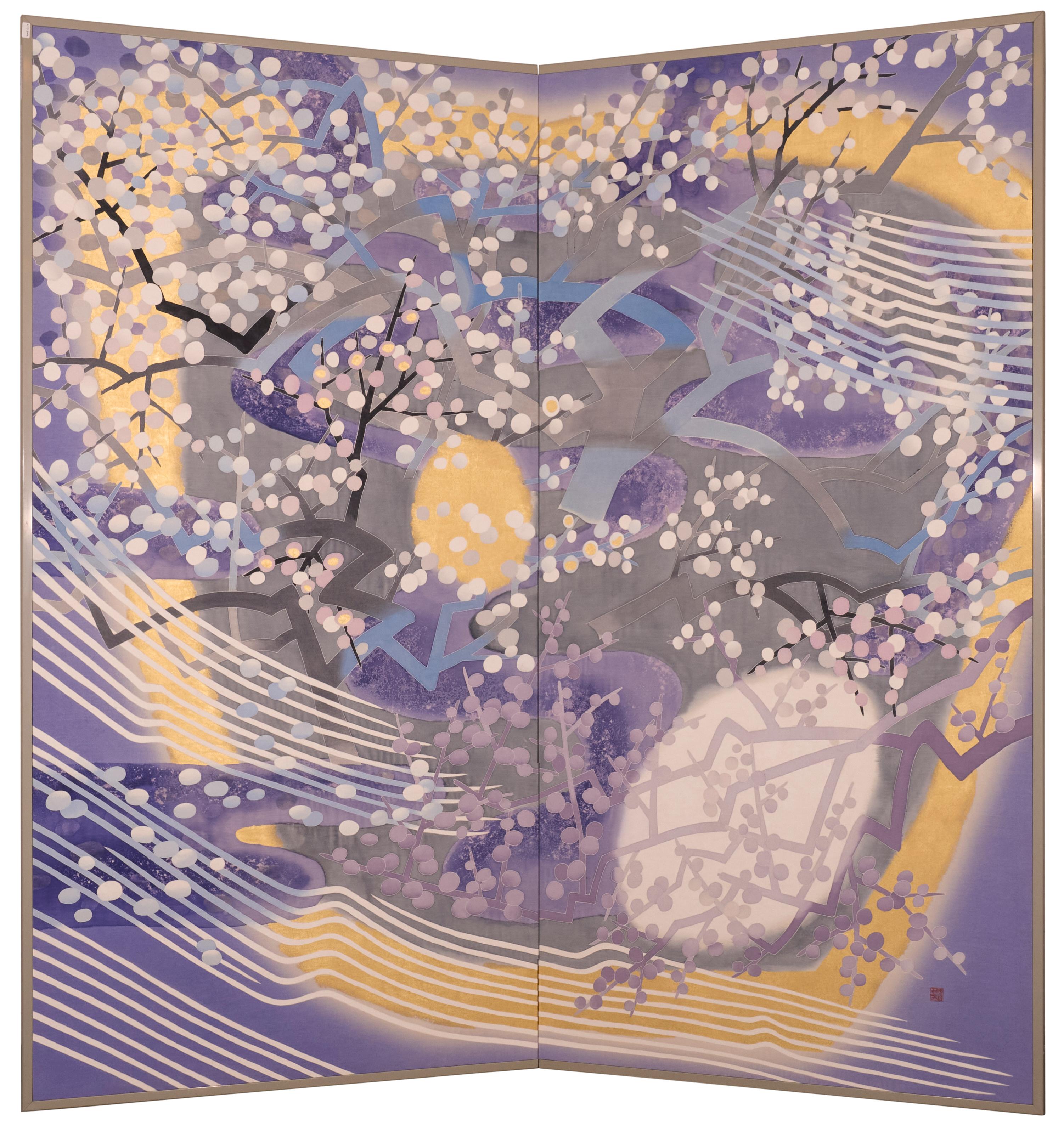 Japanese Two Panel Screen: Yozakura (Cherry Blossom Viewing at Night) in vendita 7