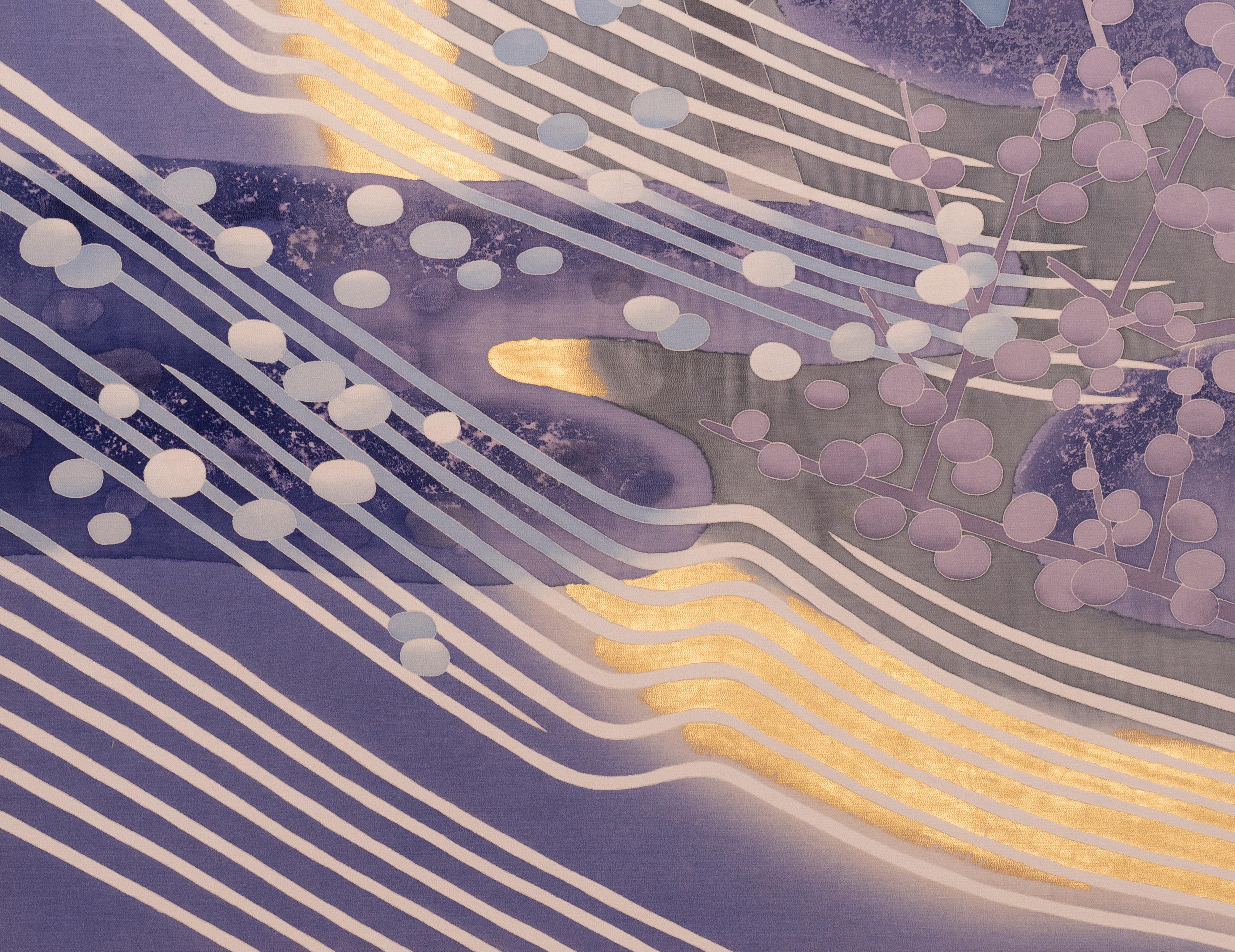 Unusual subject matter of cherry blossoms in the moonlight on dyed silk and applied gold in a grey lacquer trim.      Signature and seal read: Adachi Masakazu.                                                            
Back Label Reads: The 2nd