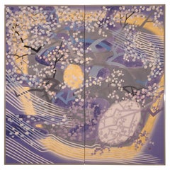 Japanese Two Panel Screen: Yozakura (Cherry Blossom Viewing at Night)
