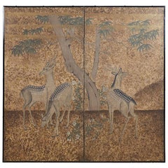 Japanese Two-Panel Showa Period Screen of Sika Deer