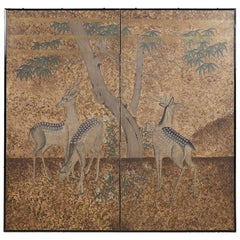 Vintage Japanese Two-Panel Showa Period Screen of Sika Deer