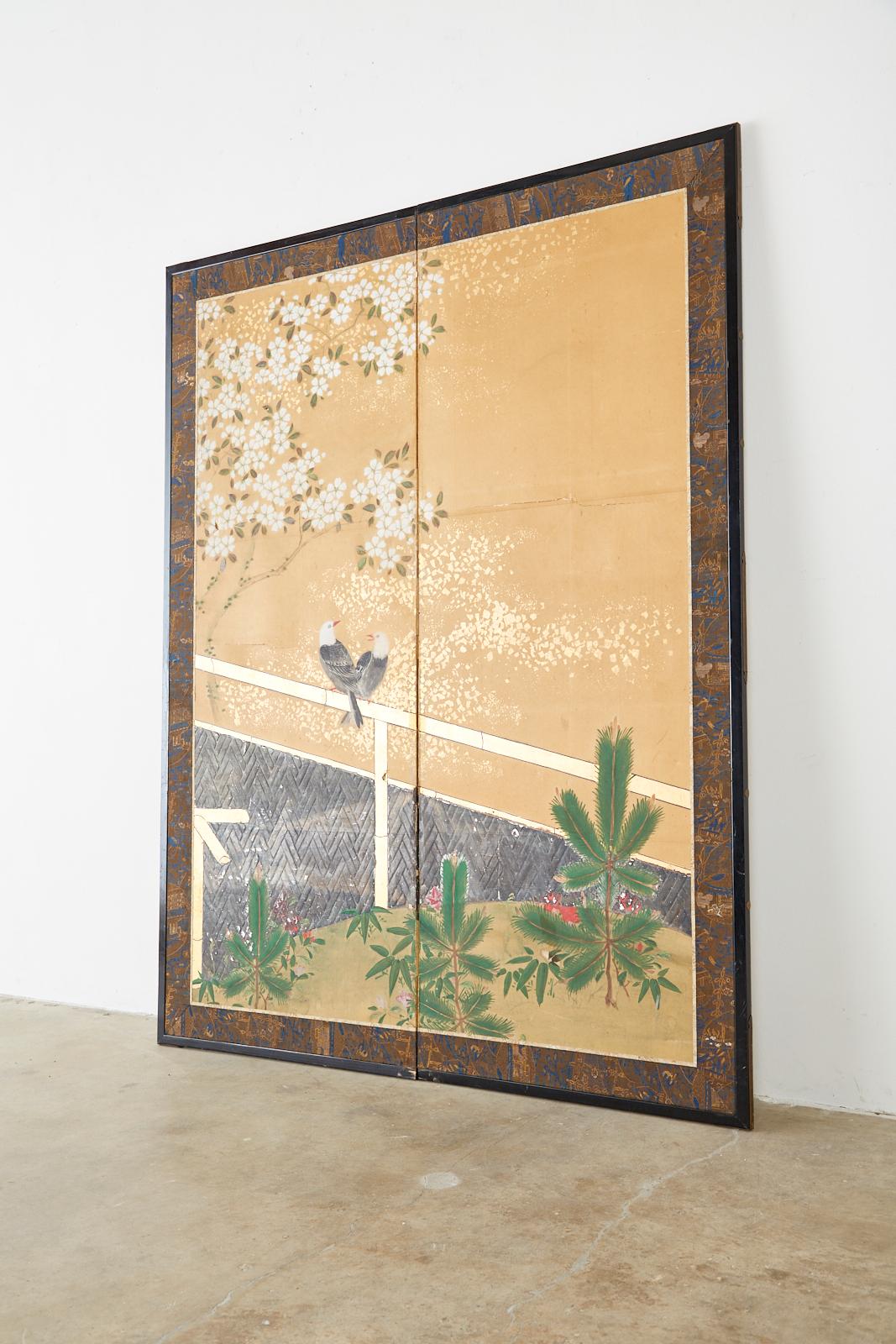 Japanese Two-Panel Showa Screen Birds under Cherry Tree 7