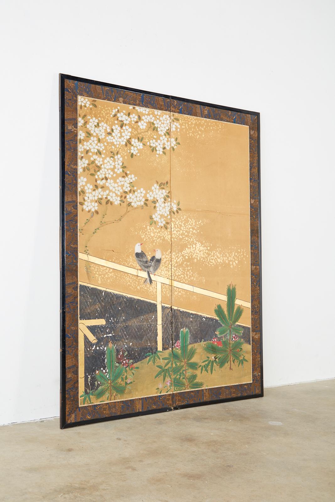 Japanese Two-Panel Showa Screen Birds under Cherry Tree 8