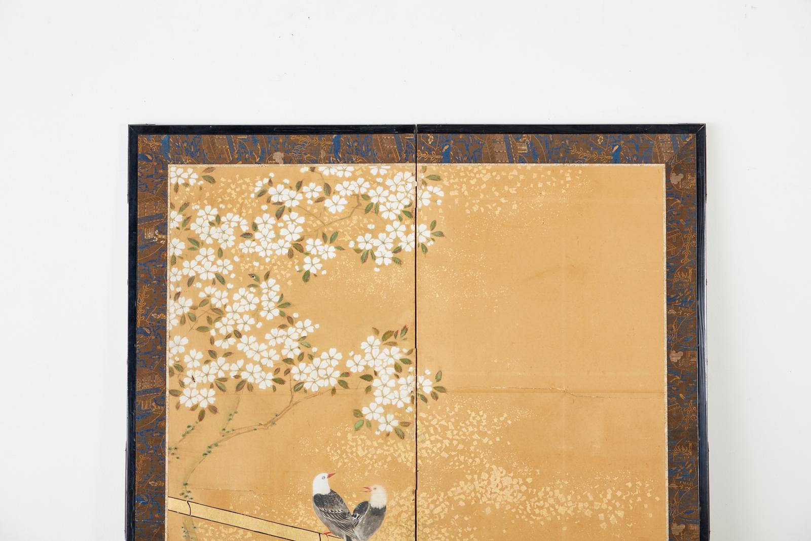 Ebonized Japanese Two-Panel Showa Screen Birds under Cherry Tree
