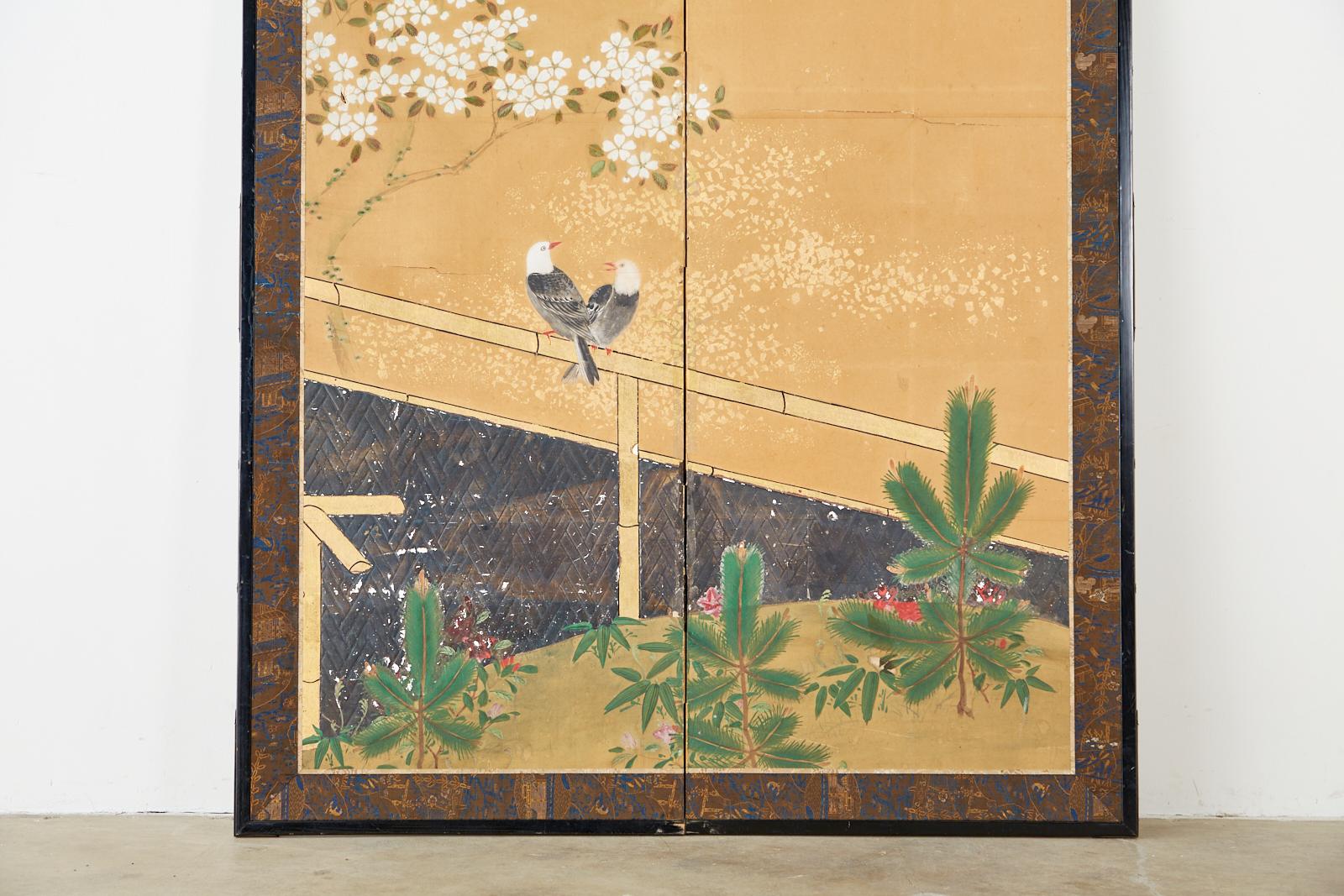 Japanese Two-Panel Showa Screen Birds under Cherry Tree In Fair Condition In Rio Vista, CA