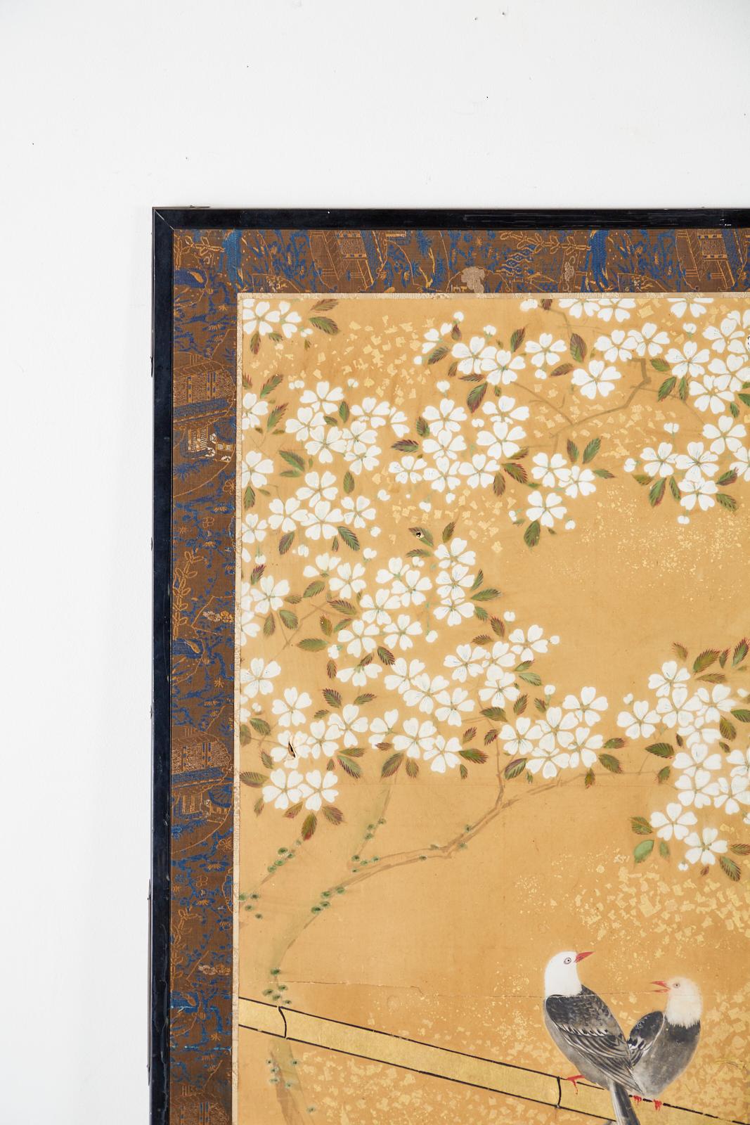 20th Century Japanese Two-Panel Showa Screen Birds under Cherry Tree
