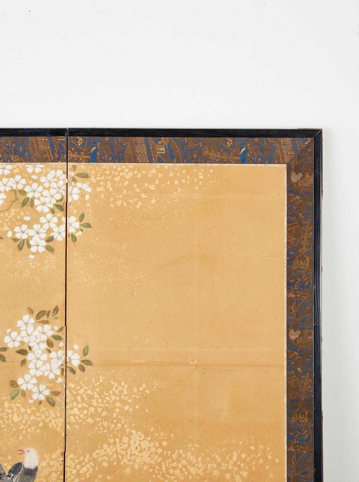 Brass Japanese Two-Panel Showa Screen Birds under Cherry Tree