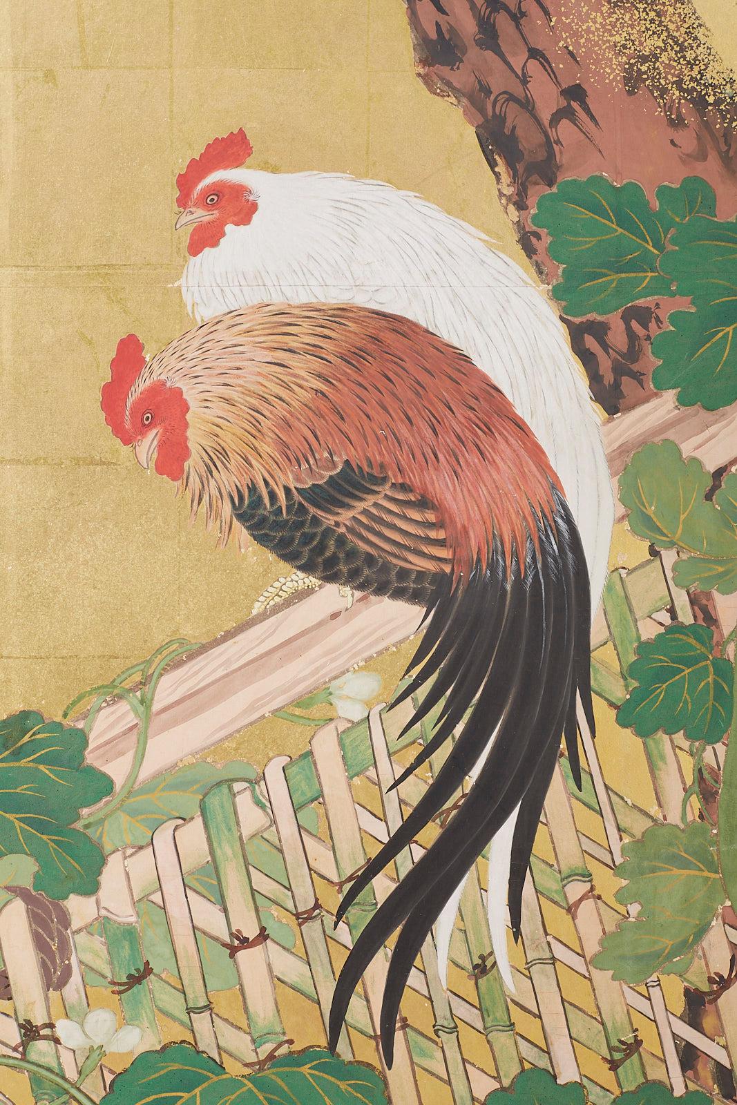Japanese Two-Panel Showa Screen of Two Roosters 7
