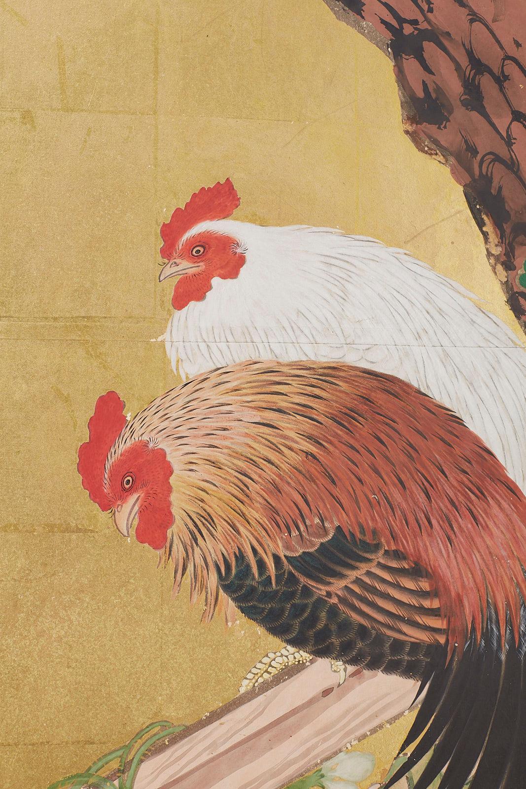 20th Century Japanese Two-Panel Showa Screen of Two Roosters