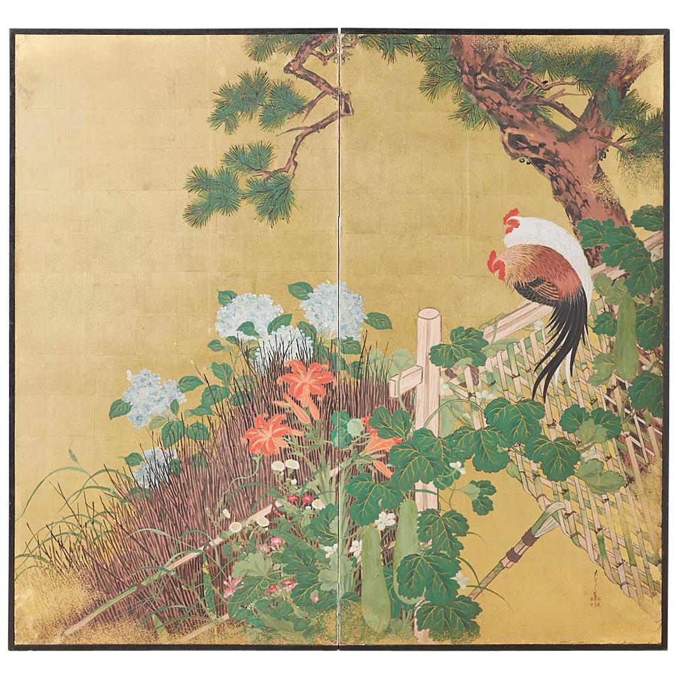 Japanese Two-Panel Showa Screen of Two Roosters