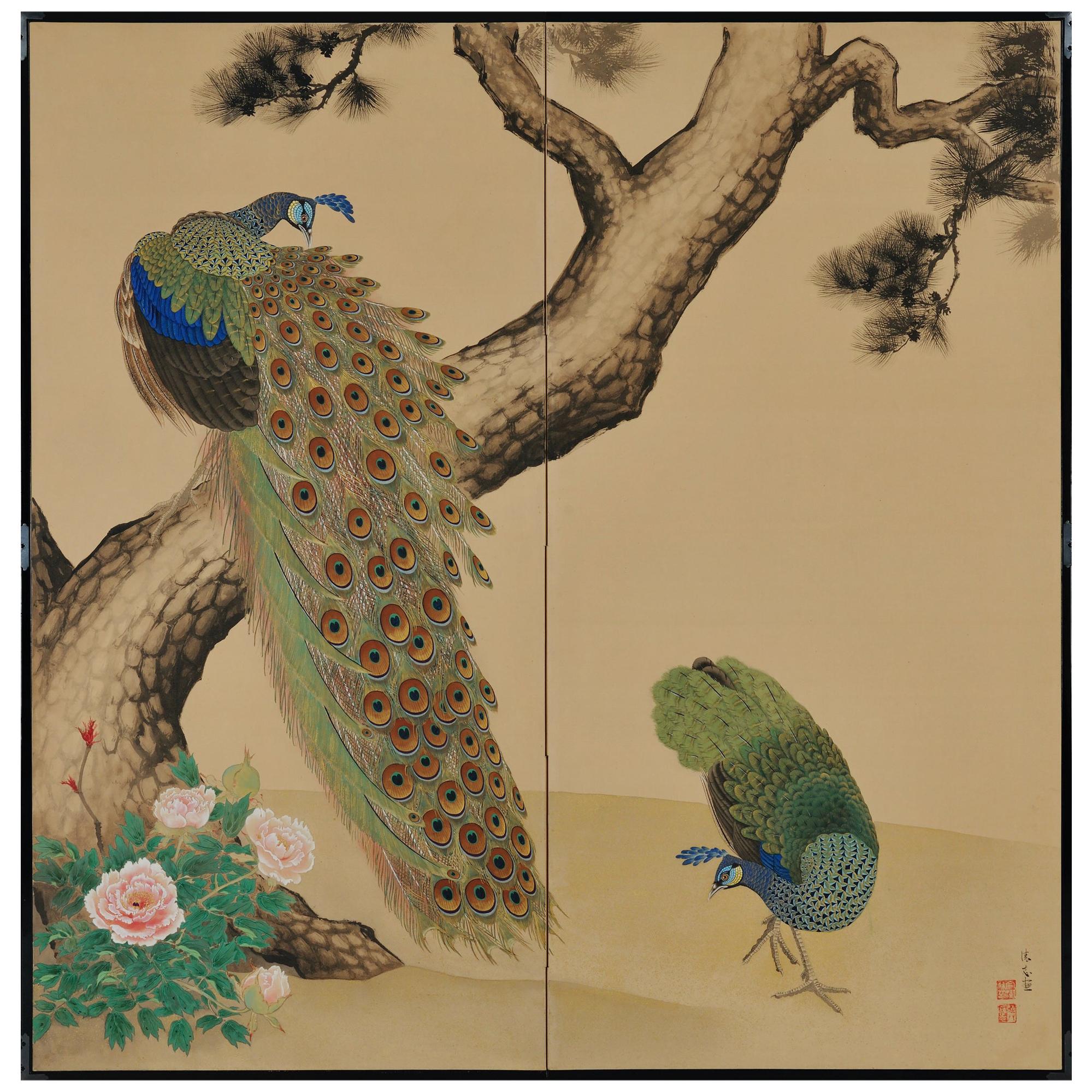 Japanese Screen, Peacock and Peahen, Meiji Era, circa 1900