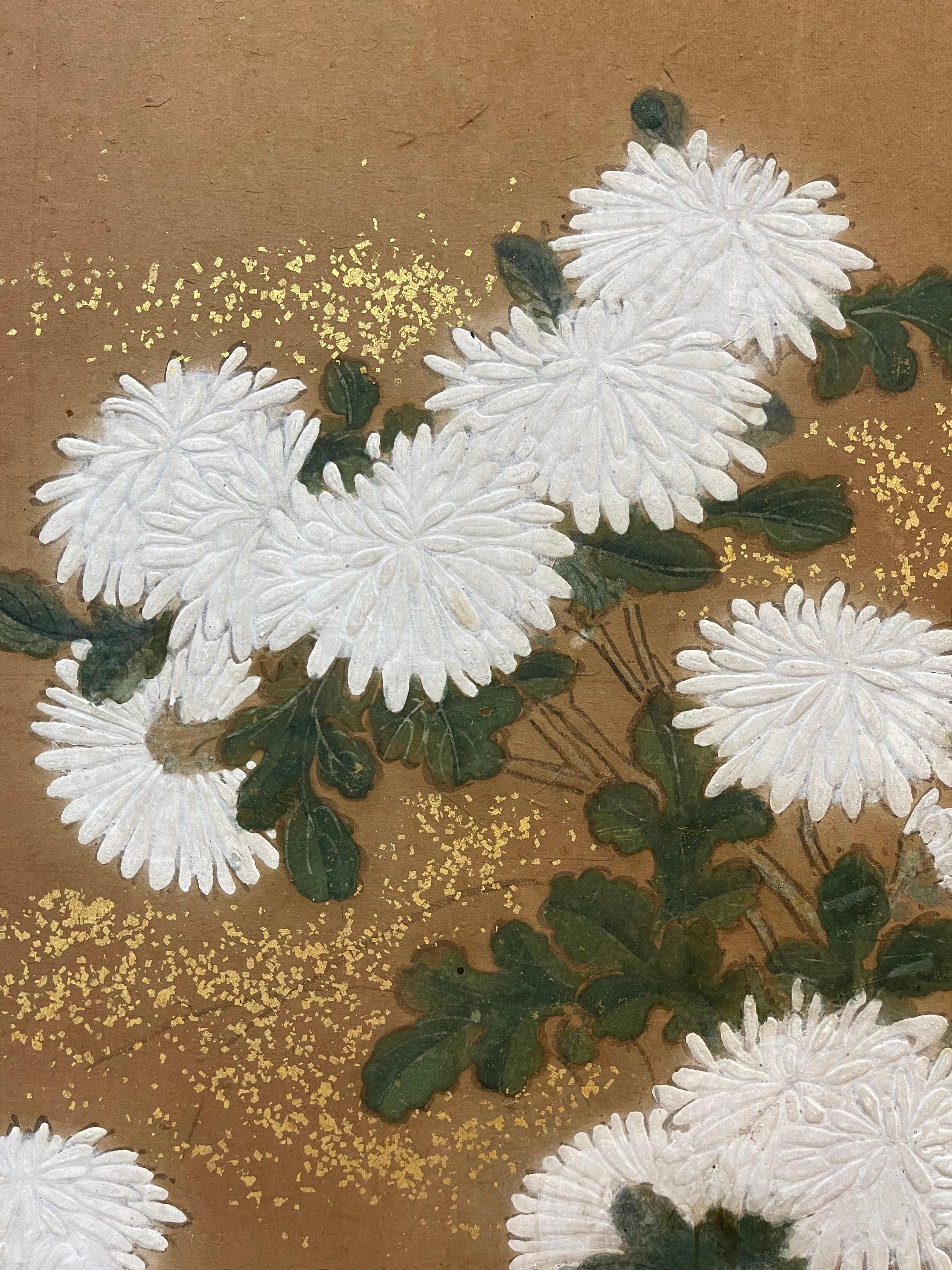 Silk  Japanese Two Panels Screen Featuring Chrysanthemums Flowers    For Sale