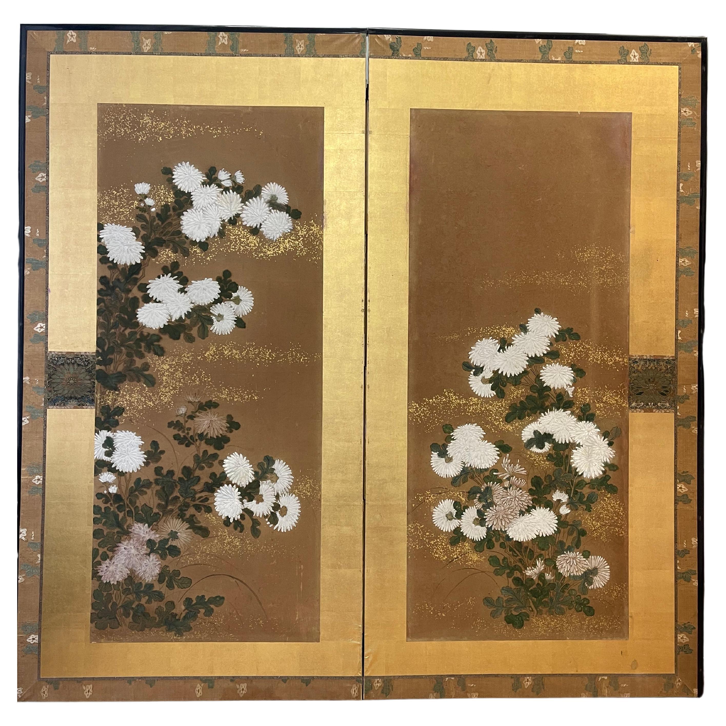  Japanese Two Panels Screen Featuring Chrysanthemums Flowers   