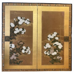Antique  Japanese Two Panels Screen Featuring Chrysanthemums Flowers   