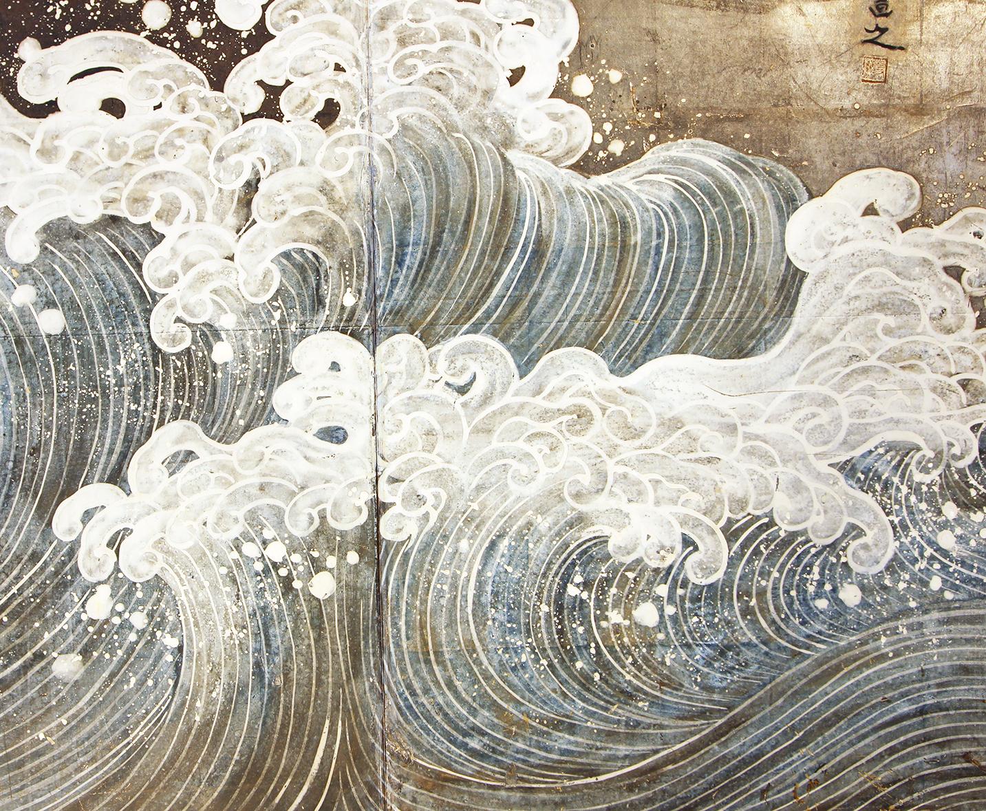 Hand-Painted Japanese Two Panels Screen, Waterfall on Silver Leaf
