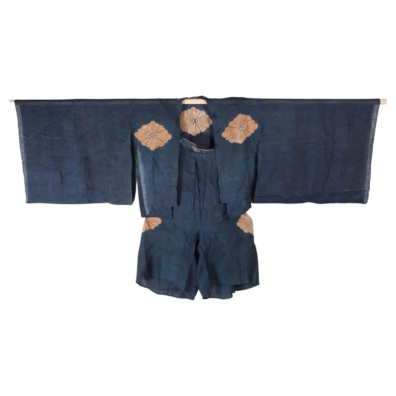 Traje de Fiesta Japonés de Dos Piezas Asa Kyogen Añil Periodo Meiji en venta