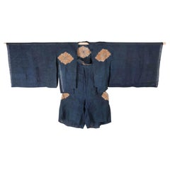 Japanisches zweiteiliges indigoblaues Asa Kyogen Festival-Kleid aus der Meiji-Periode