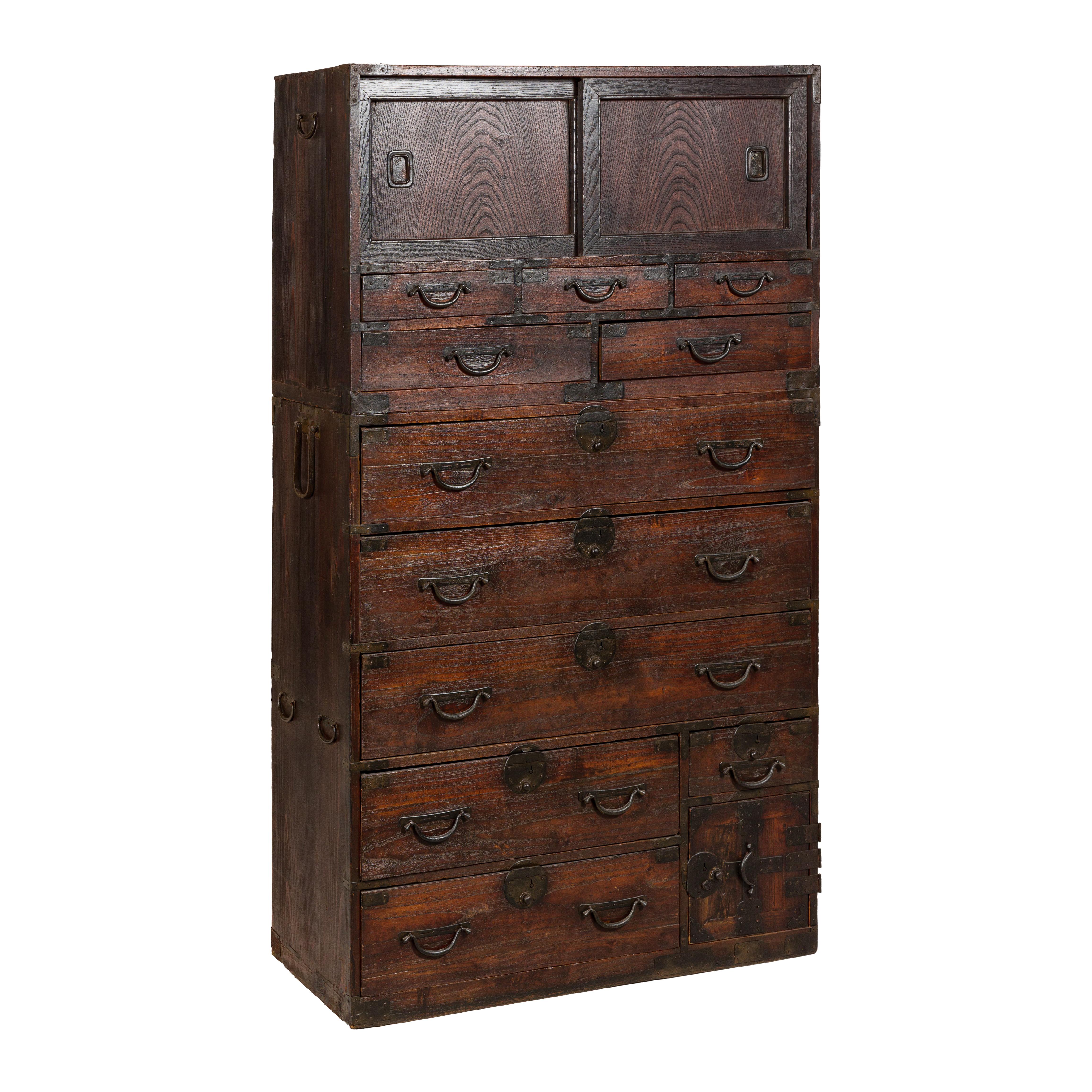 Japanese Two-Piece Tansu Cabinet with Sliding Doors and Eleven Drawers For Sale 9