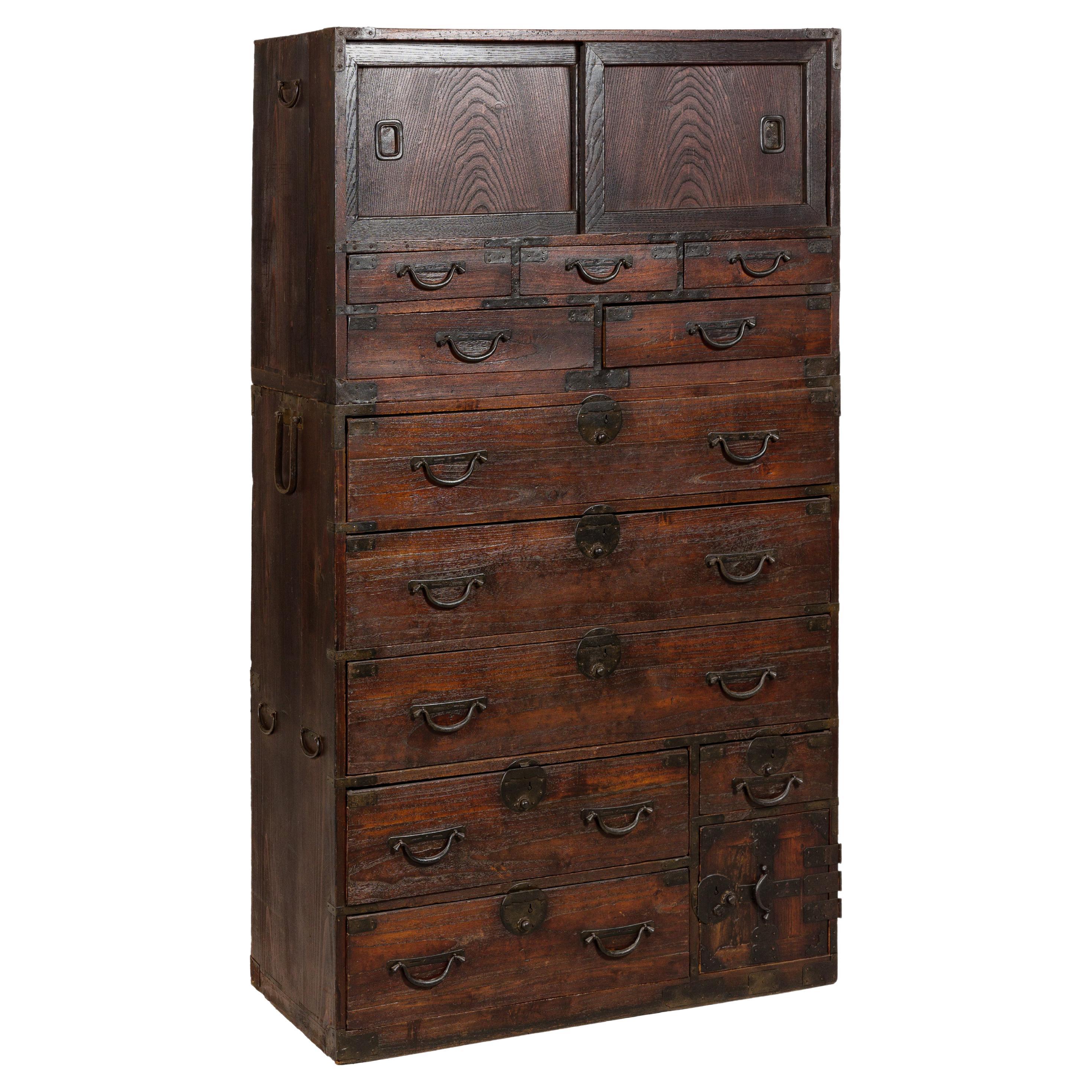 Japanese Two-Piece Tansu Cabinet with Sliding Doors and Eleven Drawers For Sale