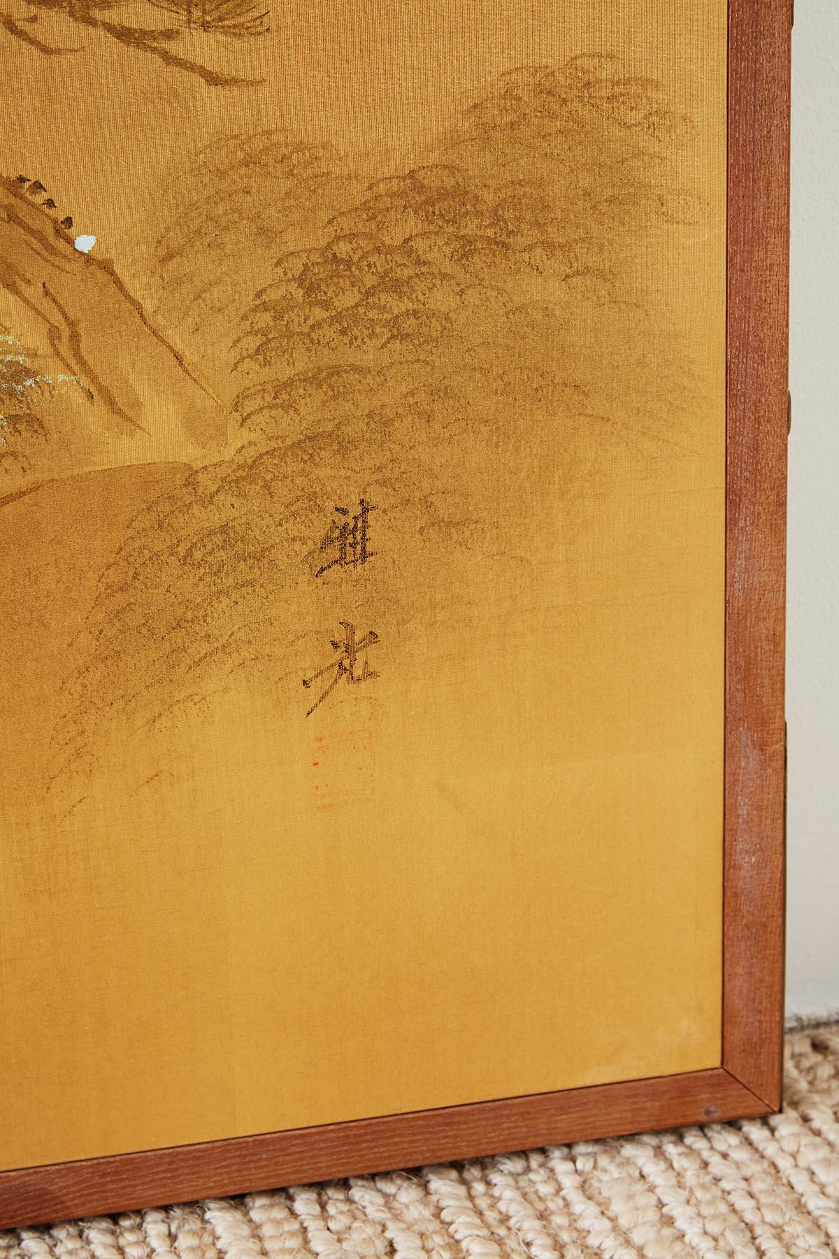 Wood Japanese Two-Sided Folding Byobu Silk Painted Screen