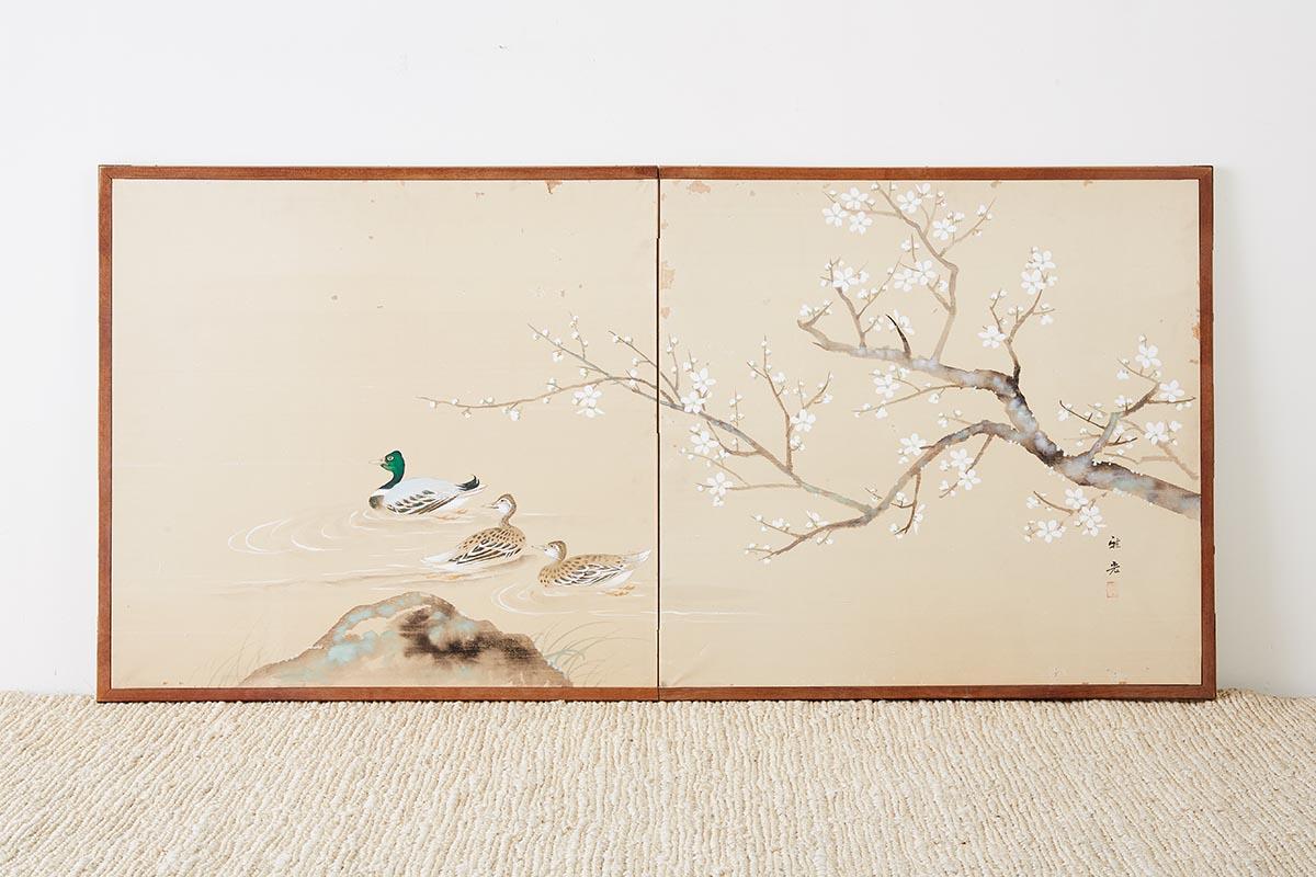 Japanese Two-Sided Folding Byobu Silk Painted Screen 10