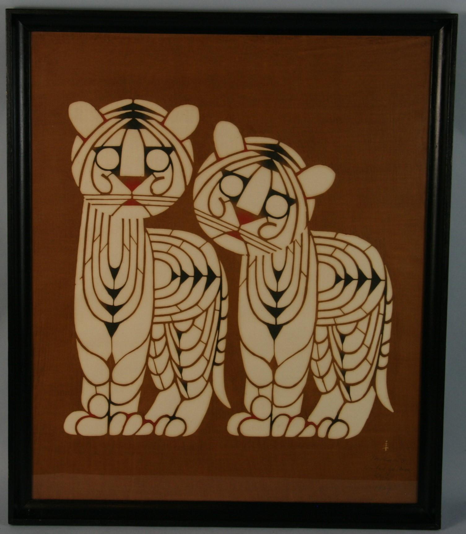 3899 Signed original serigraph #5 of to tigers by Japanese artist Inikumo 1967.