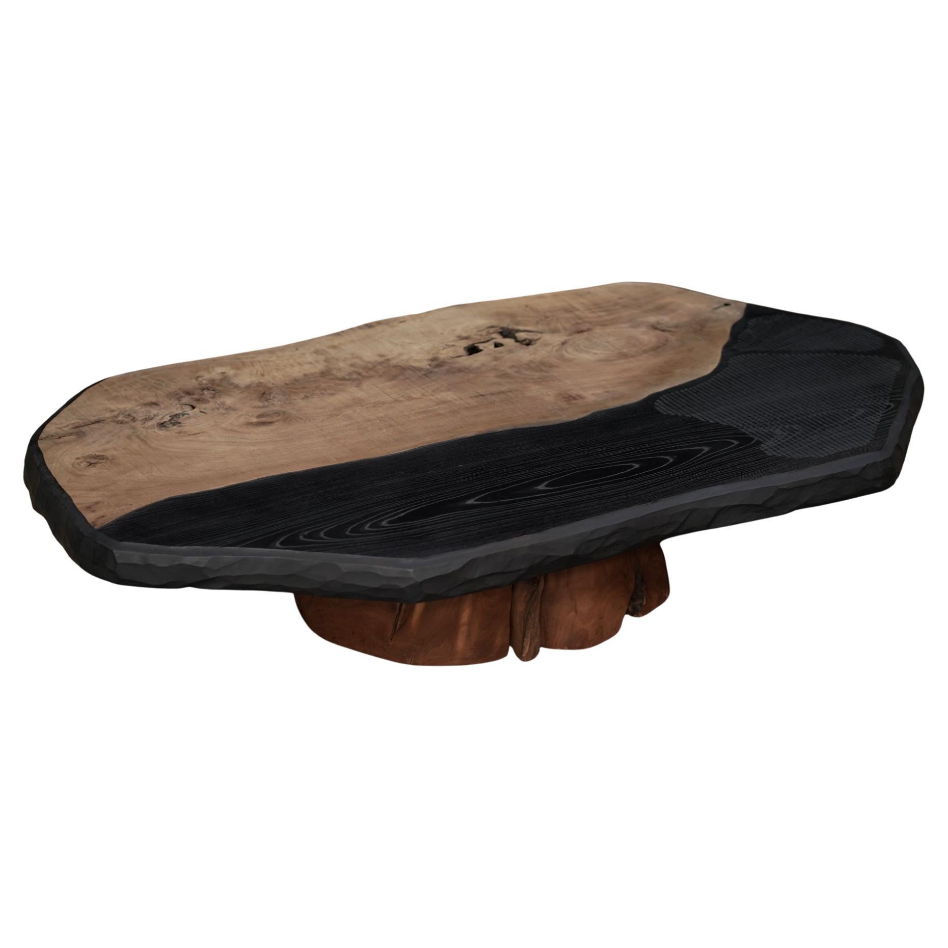 Japanese Two-Tone Coffee Table, Wood with Trunk Base