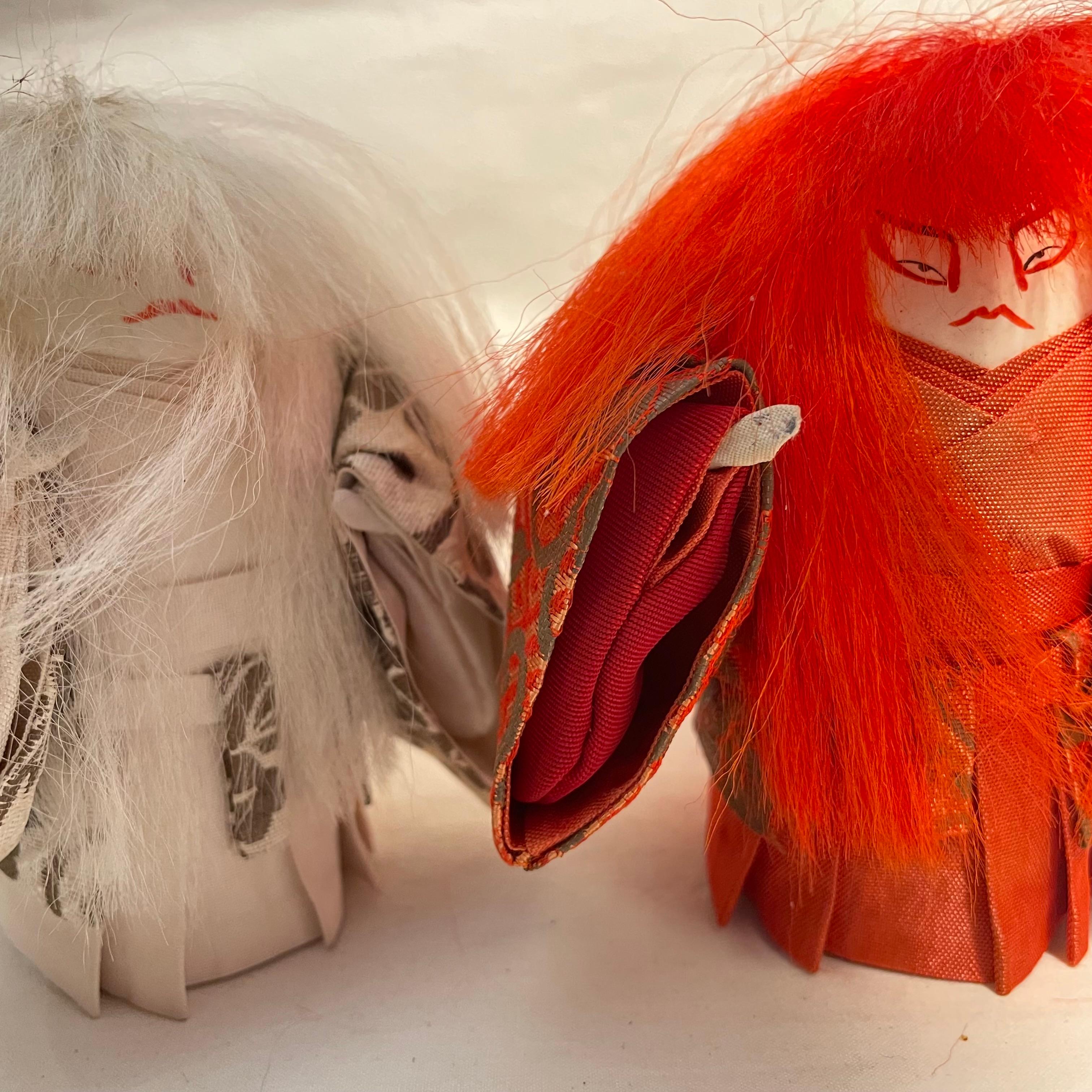 Silk Japanese Two Wooden Kabuki Dolls Renjishi 1990s For Sale