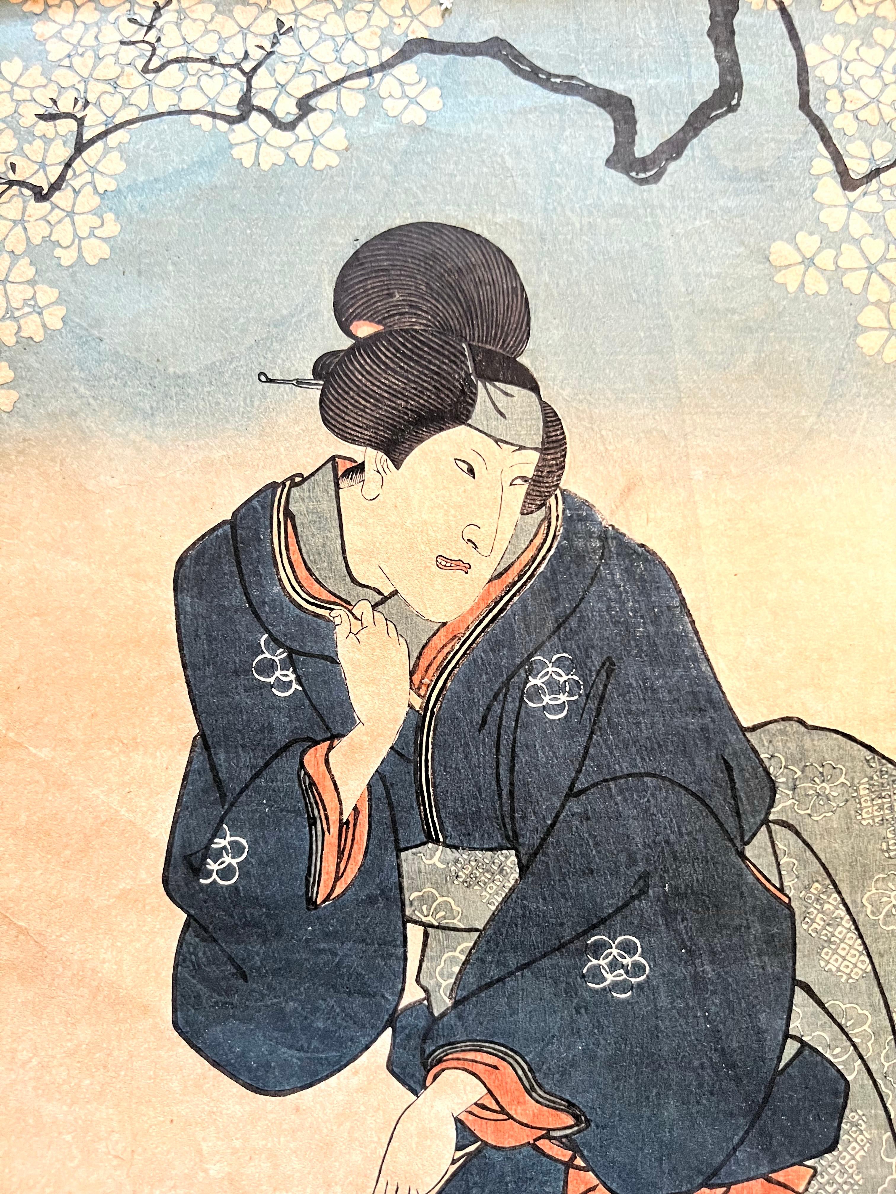 Japanischer Ukiyo-e Farbholzschnitt - Frau unter Kirschblüten - signiert Kunisada (Papier) im Angebot