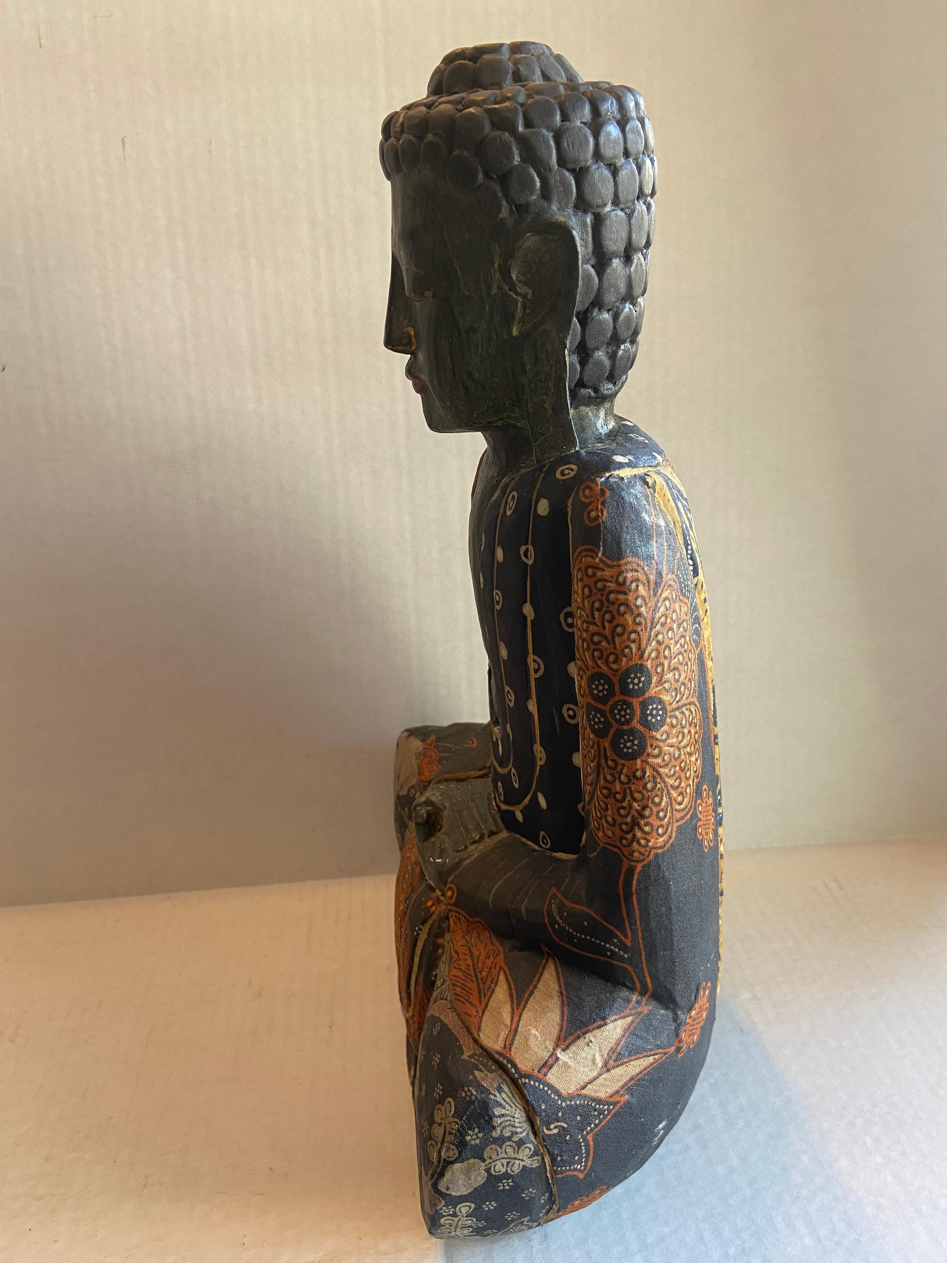 Japonisme Japanese Unique Antique Black Buddha Decoupaged with Antique Japanese Textiles For Sale