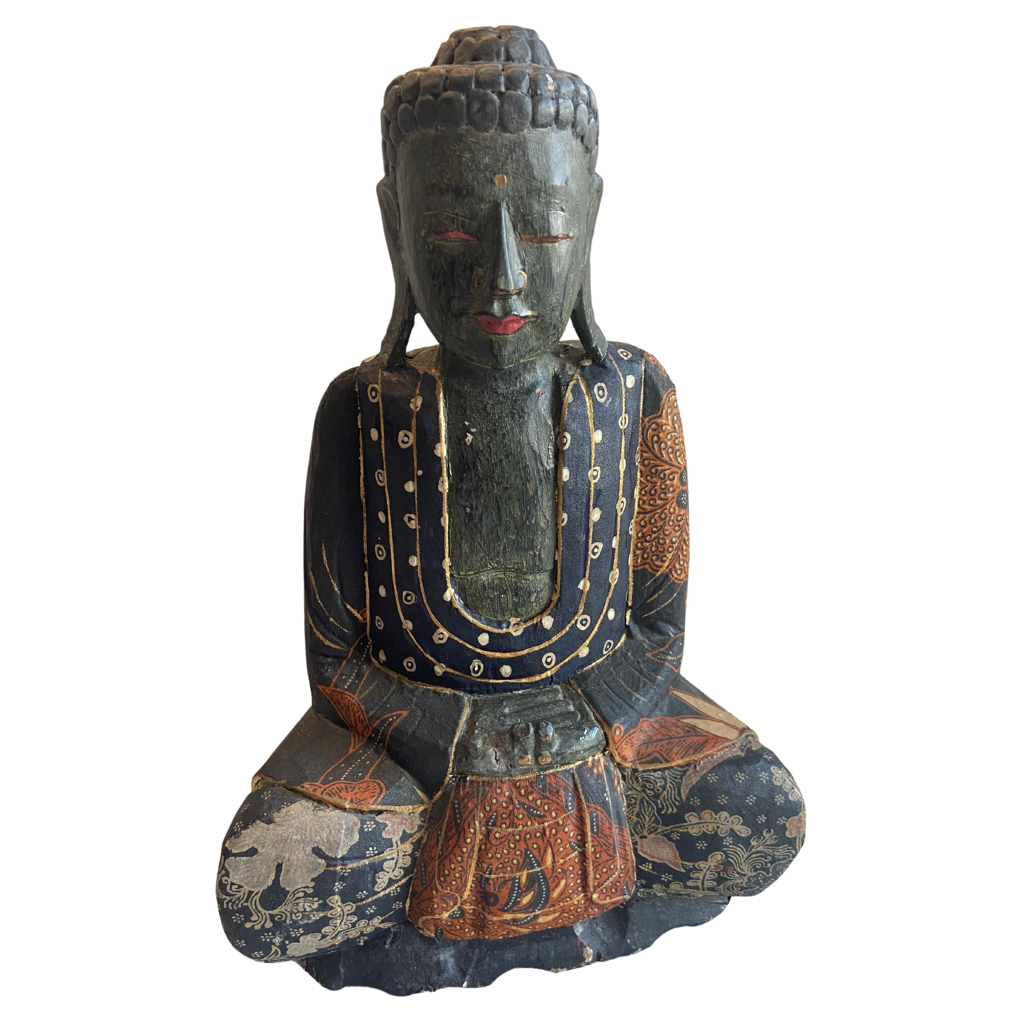 Japanese Unique Antique Black Buddha Decoupaged with Antique Japanese Textiles For Sale