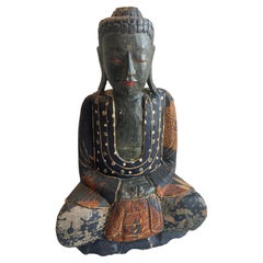 Japanese Unique Antique Black Buddha Decoupaged with Antique Japanese Textiles