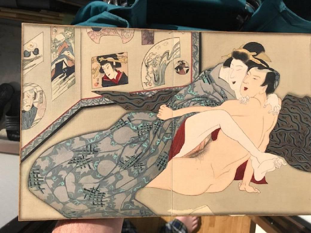 Japanese Unique Antique Hand-Painted Silk Paintings Erotic Couples Shunga Art 7