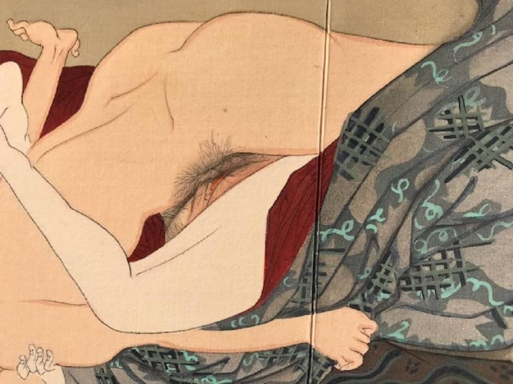 Japanese Unique Antique Hand-Painted Silk Paintings Erotic Couples Shunga Art 8