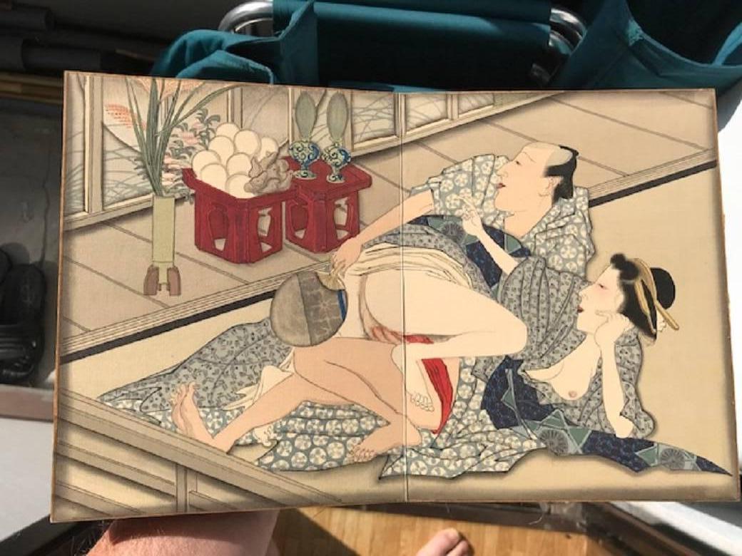 20th Century Japanese Unique Antique Hand-Painted Silk Paintings Erotic Couples Shunga Art