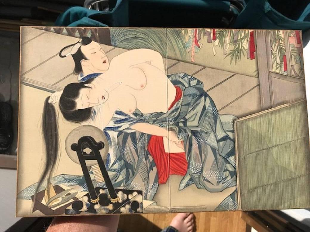 Japanese Unique Antique Hand-Painted Silk Paintings Erotic Couples Shunga Art 1