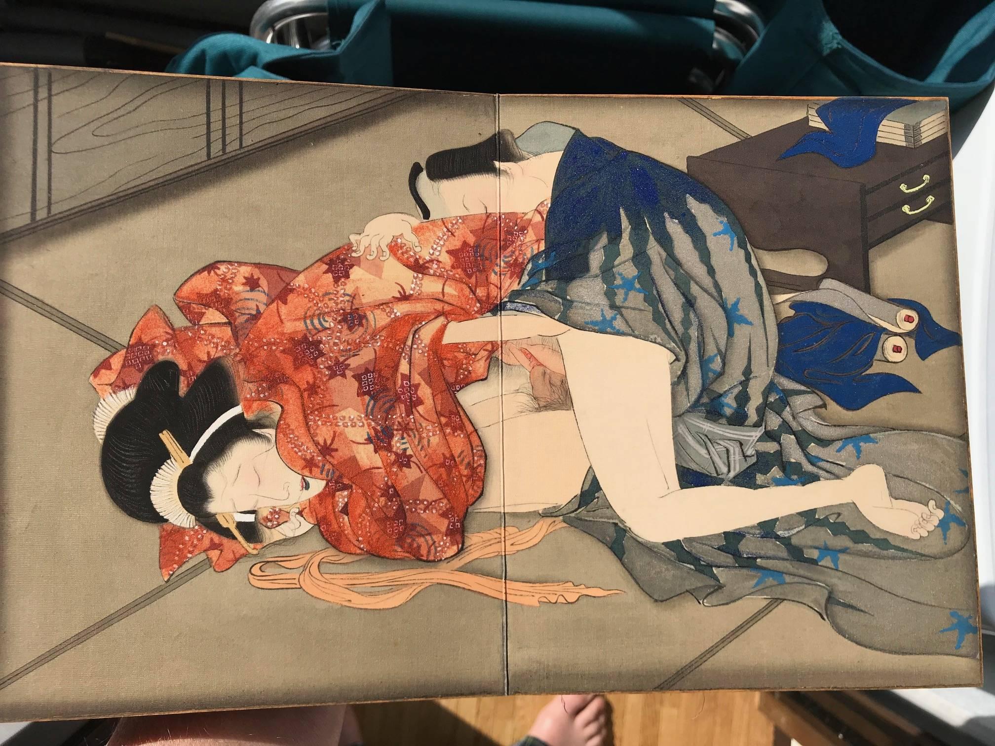 Japanese Unique Antique Hand-Painted Silk Paintings Erotic Couples Shunga Art 2