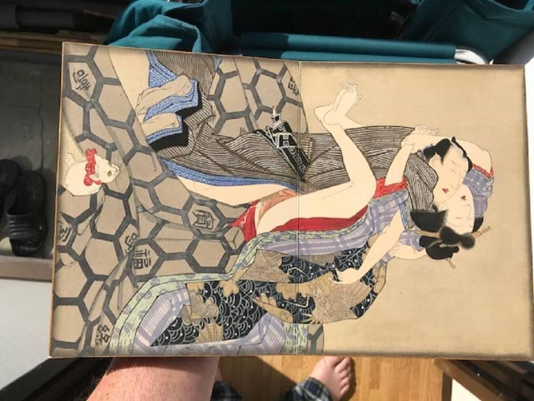 Japanese Unique Antique Hand-Painted Silk Paintings Erotic Couples Shunga Art 3