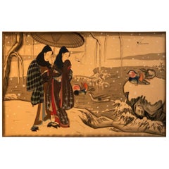 Japanese Unique Antique Hand-Painted Silk Paintings Erotic Couples Shunga Art