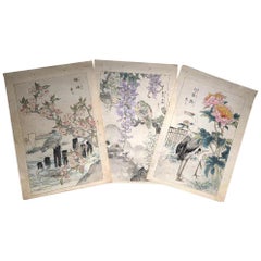 Antique Japanese Unique "Birds & Flowers" Hand Paintings Set Three Kono Bairei, 1899