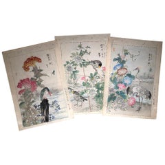 Japanese Unique "Birds & Flowers" Hand Paintings Set Three Kono Bairei 1899