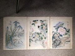 Japanese Three "Water Fowl & Flowers" Large Woodblock Prints, Kono Bairei, 1899