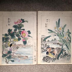 Japanese Vibrant ‘Wood Ducks and Flowers’ Woodblocks Set Two Kono Bairei, 1899