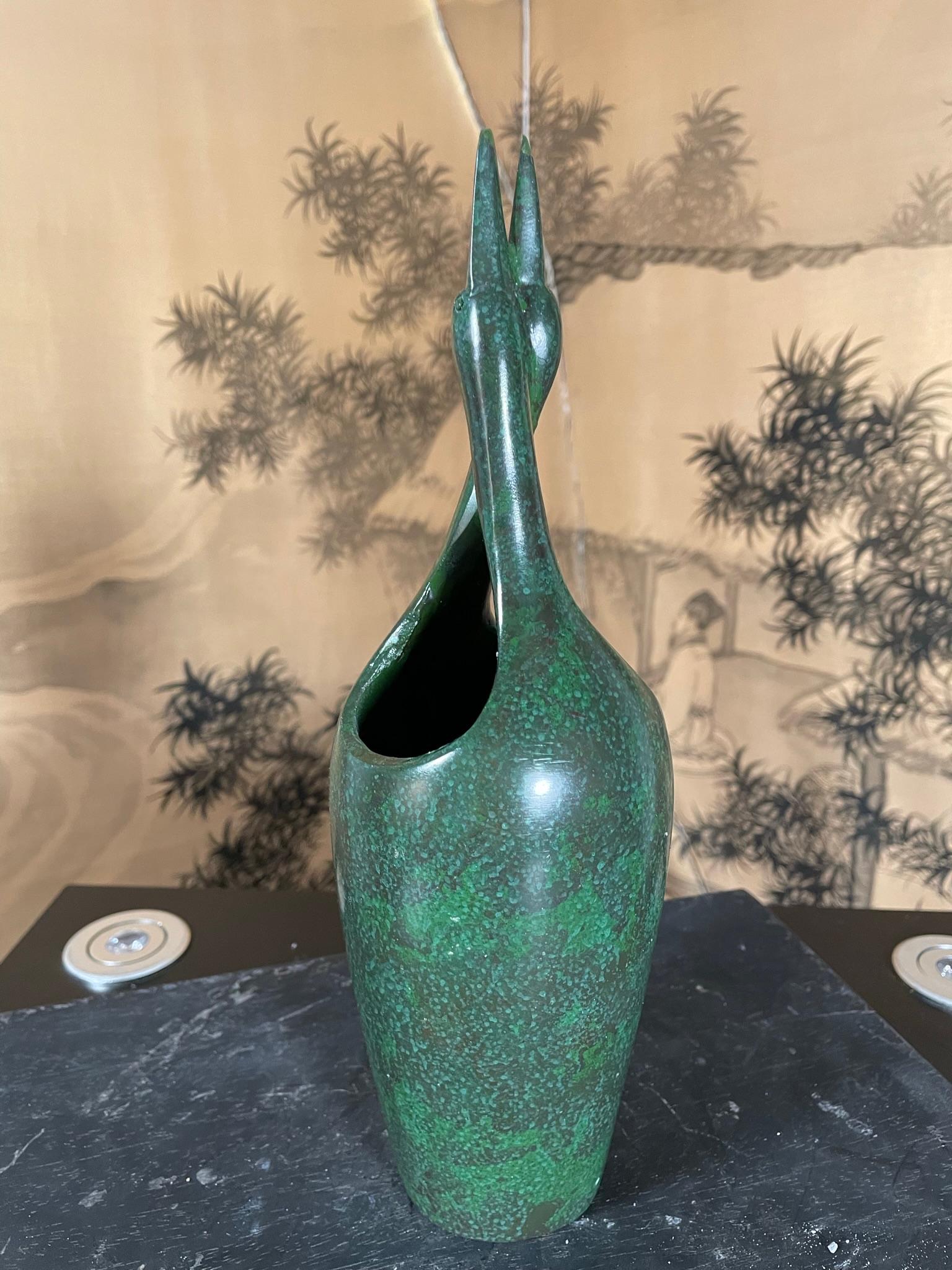 Japanese Unusual Bronze Mating Double Cranes Bud Vase, Signed Box 5