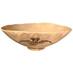 Japanese Unusual Tea Bowl Good Fortune "Flying Bats", Hand-Built